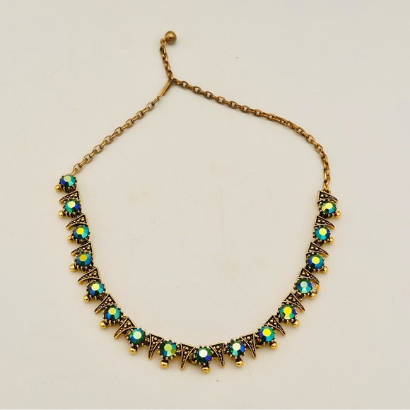 Vintage Jewelry - Vintage Blue/Green Borealis Crystal Rhinestone Dainty Necklace